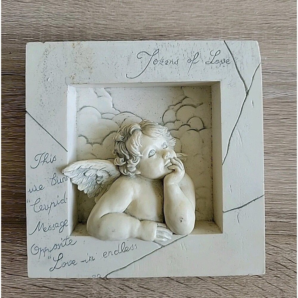 VTG Chalkware Cherub Cupid Shadow Box Wall Art 5.5”  “Tokens Of Love” 3D